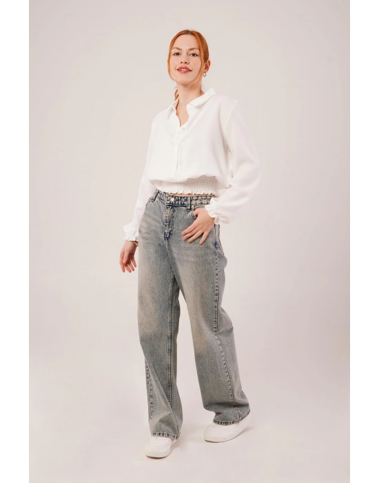 Bel Ve Bilek astikli Beyaz Bluz