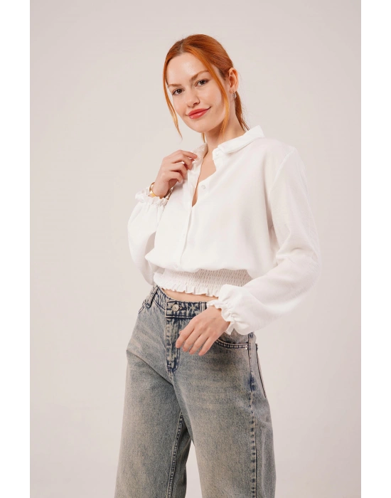 Bel Ve Bilek astikli Beyaz Bluz