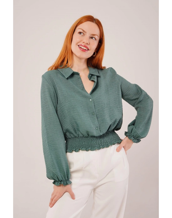 Bel Ve Bilek Lastikli Zümrüt Yeşili Bluz