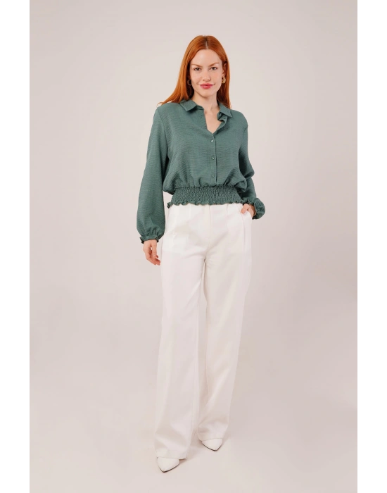 Bel Ve Bilek Lastikli Zümrüt Yeşili Bluz