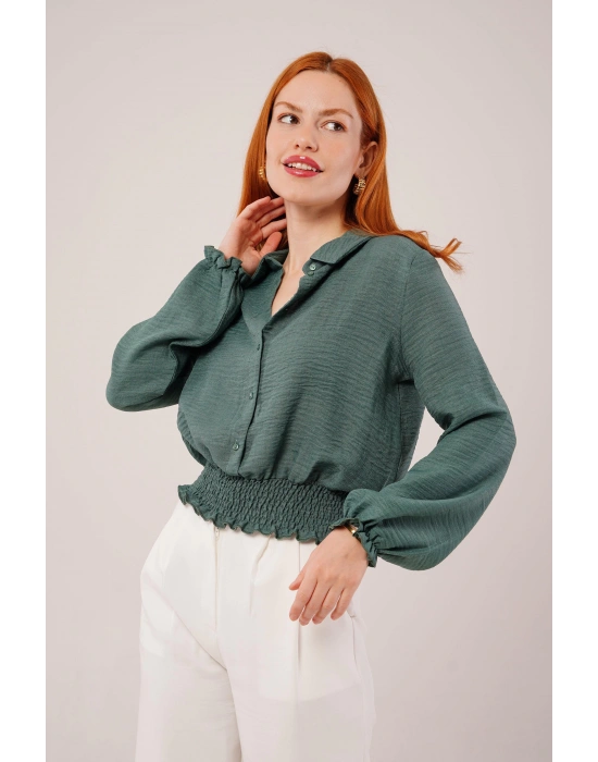 Bel Ve Bilek Lastikli Zümrüt Yeşili Bluz