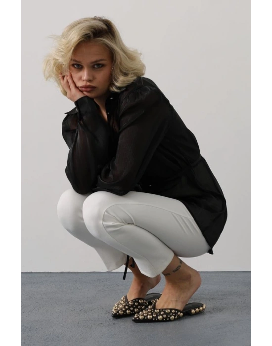 Belden Bağlamalı Uzun Kol Gömlek  iyah