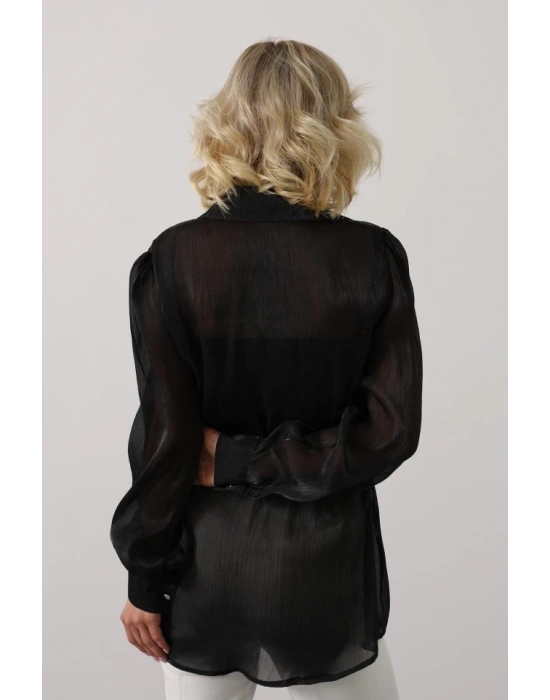 Belden Bağlamalı Uzun Kol Gömlek  iyah