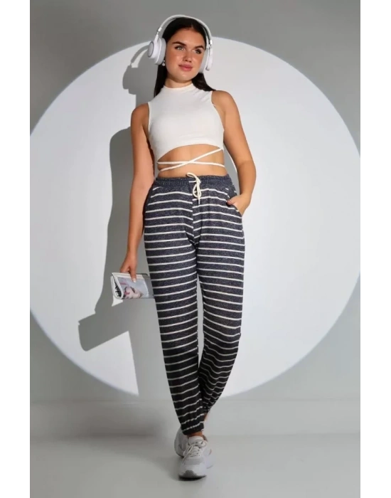 Beli astikli Çizgili Eşofman Alt  Siyah