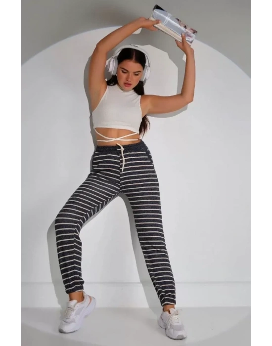 Beli astikli Çizgili Eşofman Alt  Siyah