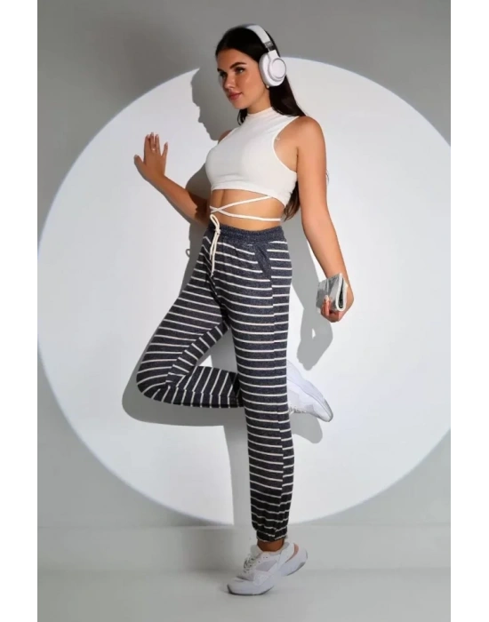 Beli astikli Çizgili Eşofman Alt  Siyah