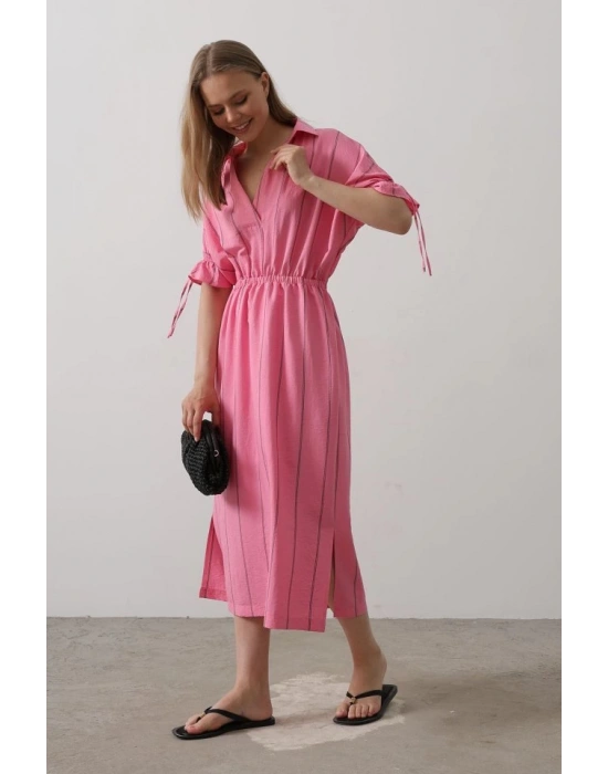 Beli Lastikli Elbise  Pembe