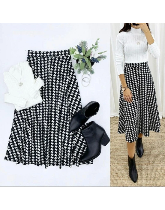 Beli astikli Kazayağı Desen Süet Scuba Etek.