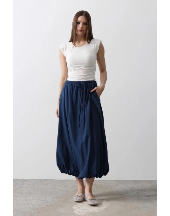 Beli Bağlamalı Balon Etek  İndigo