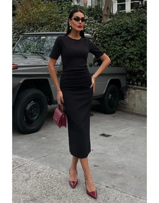 Beli Büzgülü Midi Elbise 2853