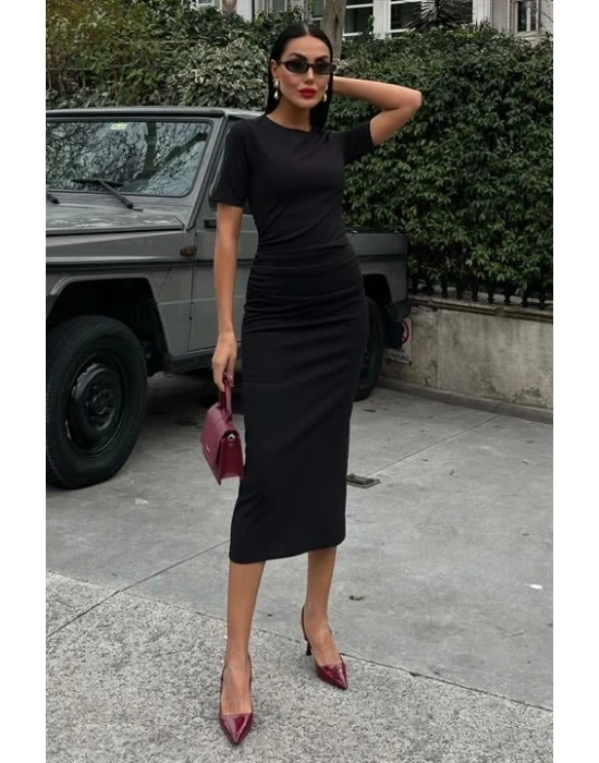 Beli Büzgülü Midi Elbise 2853