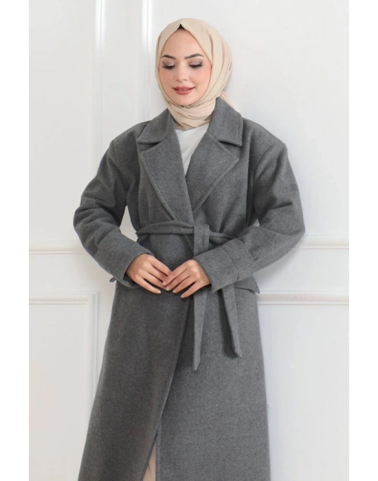 Beli Kuşaklı Yünlü Dokuma Kaşmir Kaban  Gri