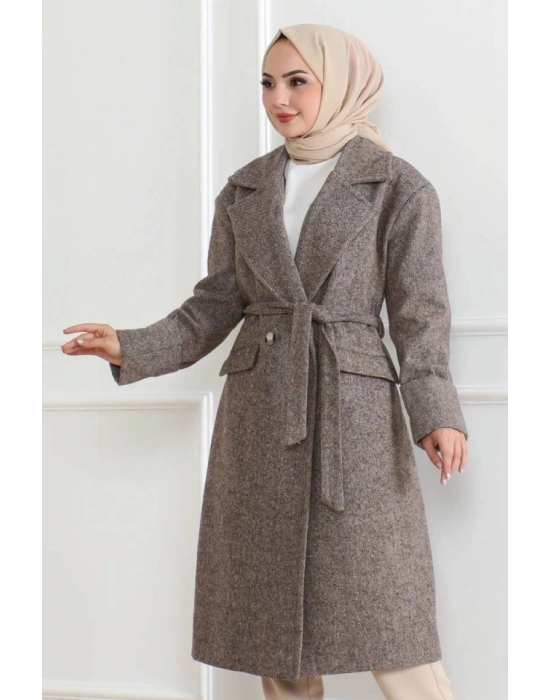 Beli Kuşaklı Yünlü Dokuma Kaşmir Kaban  Vizon
