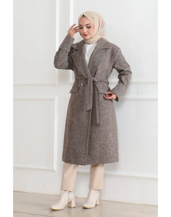 Beli Kuşaklı Yünlü Dokuma Kaşmir Kaban  Vizon