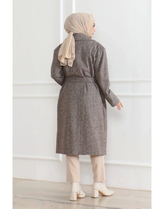 Beli Kuşaklı Yünlü Dokuma Kaşmir Kaban  Vizon