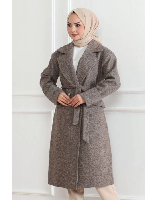 Beli Kuşaklı Yünlü Dokuma Kaşmir Kaban  Vizon