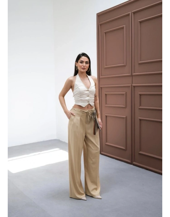 Beli̇ Lasti̇k Ve Bağcikli Geni̇ş Paça Pantolon