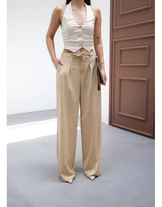 Beli̇ Lasti̇k Ve Bağcikli Geni̇ş Paça Pantolon