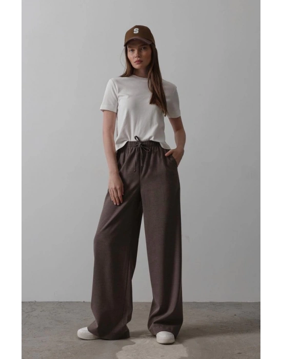 Beli Lastikli Bol Paça Pantolon  Kahve