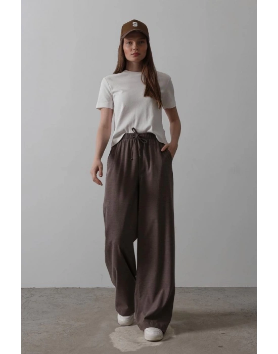 Beli Lastikli Bol Paça Pantolon  Kahve