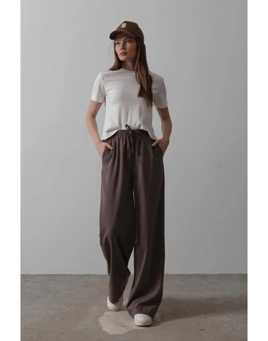 Beli Lastikli Bol Paça Pantolon  Kahve