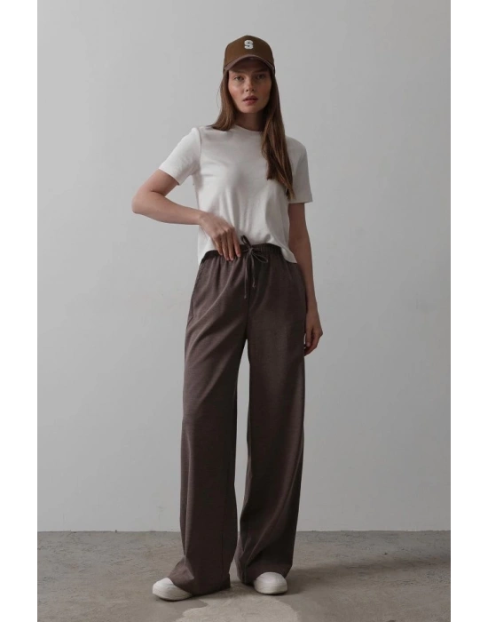 Beli Lastikli Bol Paça Pantolon  Kahve