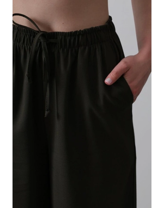 Beli Lastikli Bol Paça Pantolon  Koyu Haki