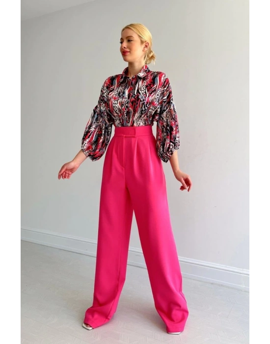Beli Lastikli Saten Gömlek  Fuşya