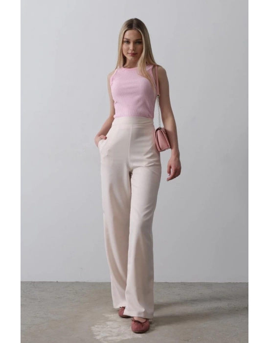 Beli Yarım Lastikli Palazzo Pantolon  Pudra