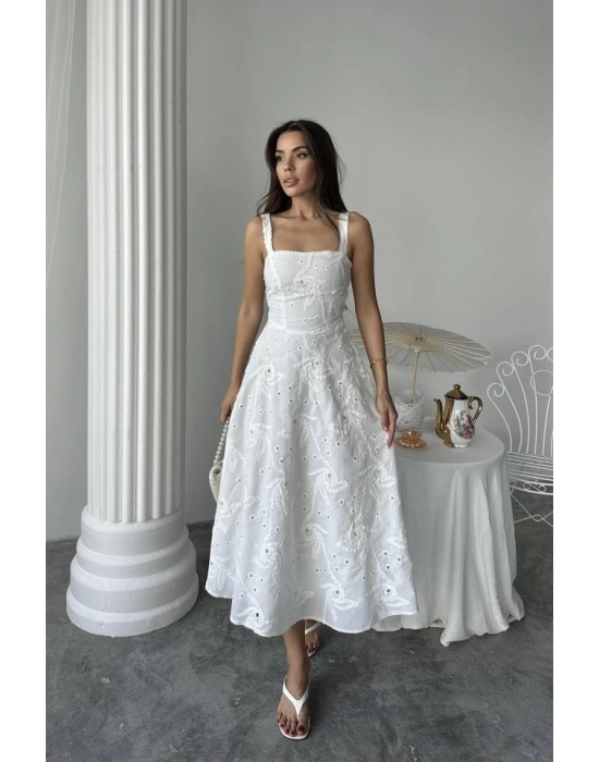 Beyaz Arkası Korse Detaylı Uzun Elbise