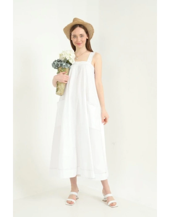 Beyaz Askılı Cepli Elbise