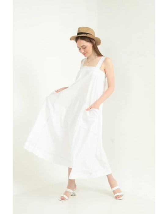 Beyaz Askılı Cepli Elbise