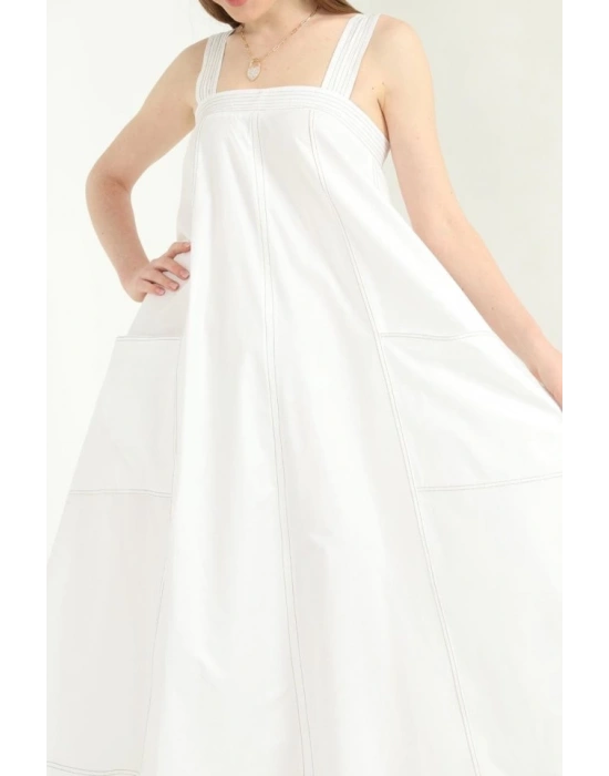 Beyaz Askılı Cepli Elbise
