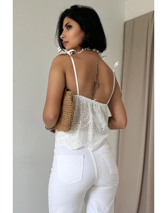 Beyaz Bağcıklı Brode Bluz