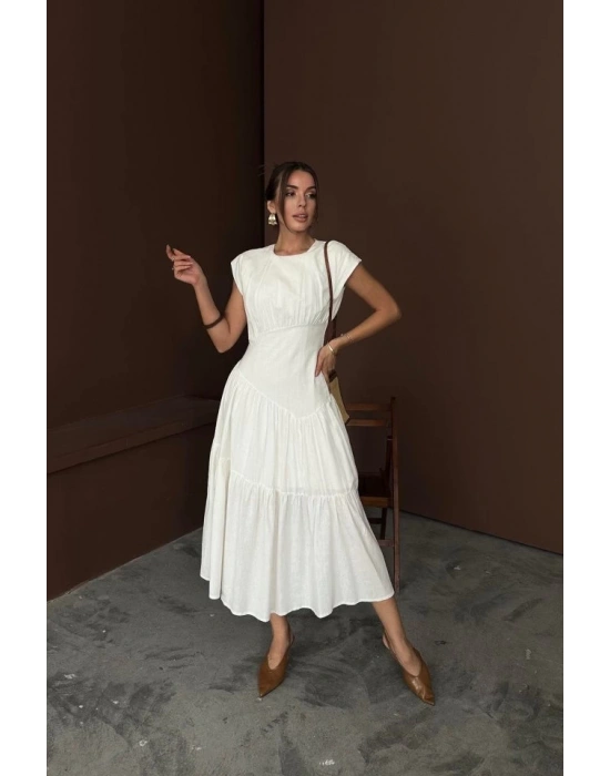 Beyaz Büzgü Detaylı Keten Elbise