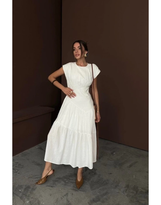 Beyaz Büzgü Detaylı Keten Elbise