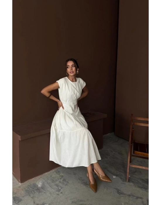 Beyaz Büzgü Detaylı Keten Elbise
