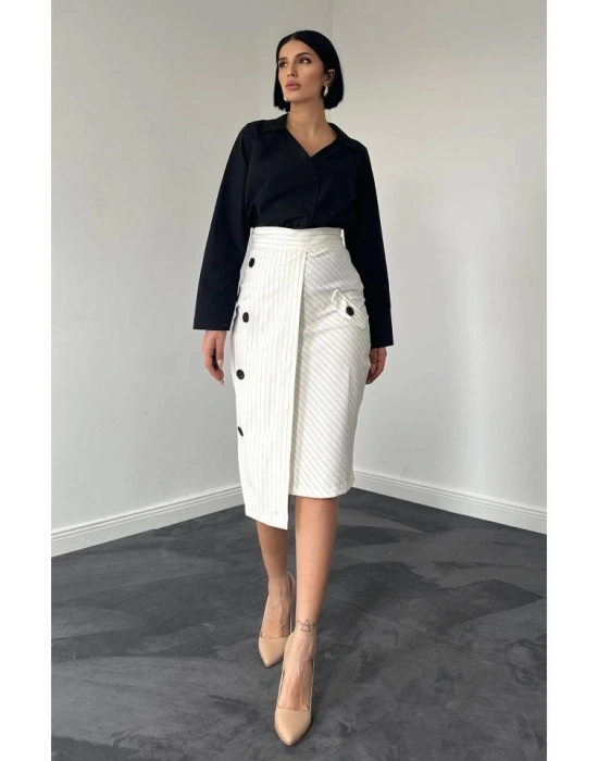 Beyaz Çizgili Poliviskon Etek