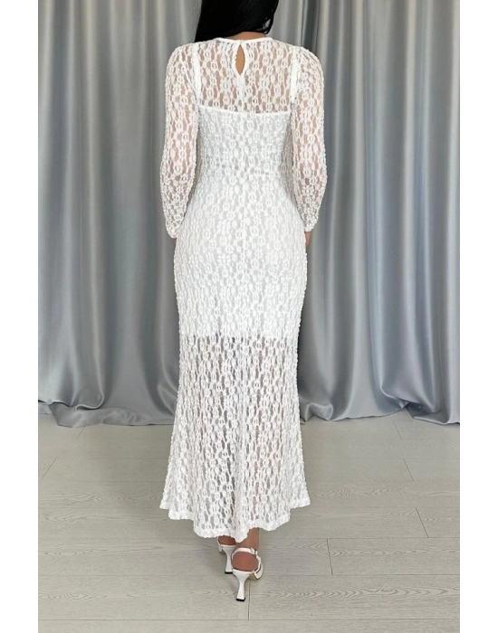 Beyaz Dantelli Uzun Kollu Elbise