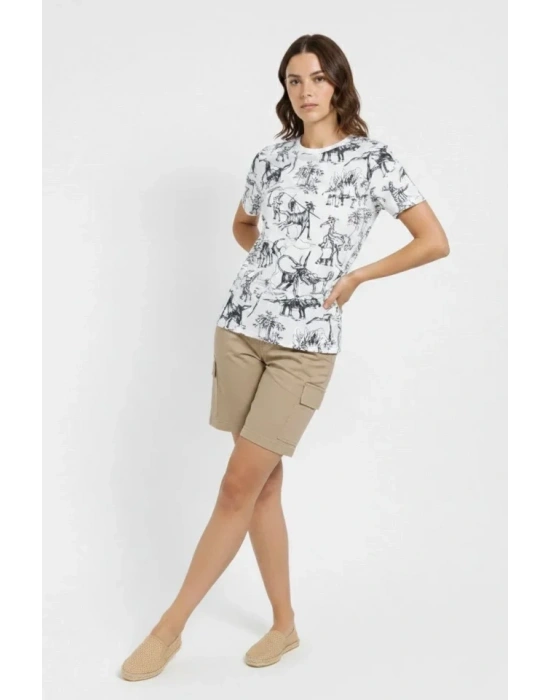 Beyaz Dinozor Desenli Tişört – Regular Kalıp, Bisiklet Yaka, Dijital Baskılı Pamuklu Thirt  Beyaz