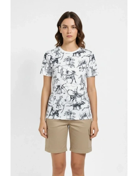 Beyaz Dinozor Desenli Tişört – Regular Kalıp, Bisiklet Yaka, Dijital Baskılı Pamuklu Thirt  Beyaz