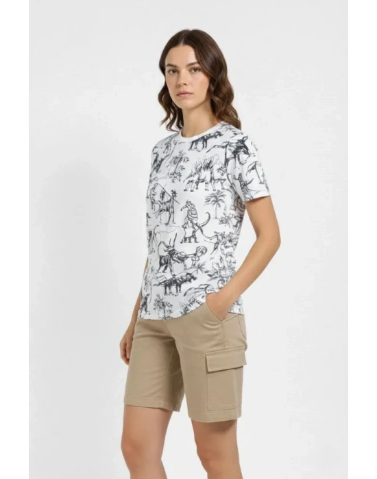 Beyaz Dinozor Desenli Tişört – Regular Kalıp, Bisiklet Yaka, Dijital Baskılı Pamuklu Thirt  Beyaz