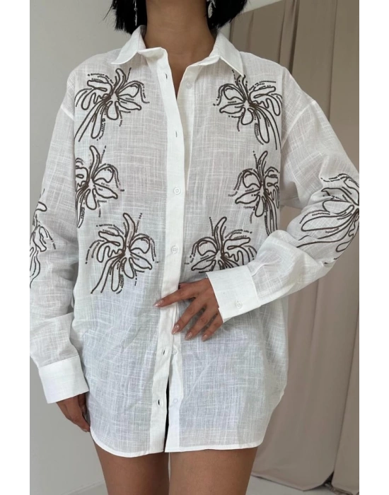 Beyaz Flamlı Keten Nakışlı Pullu Gömlek