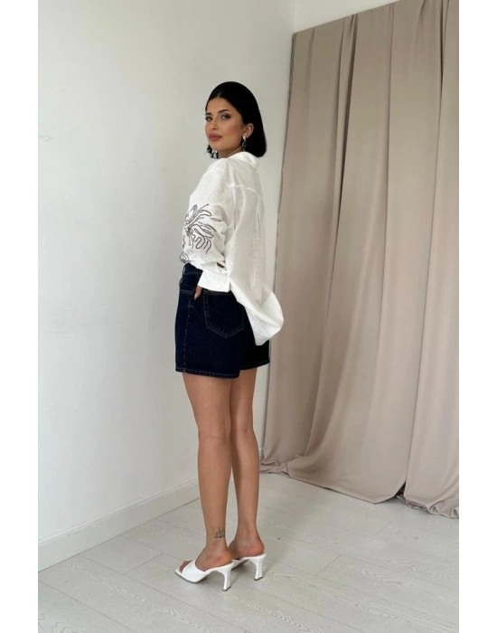 Beyaz Flamlı Keten Nakışlı Pullu Gömlek