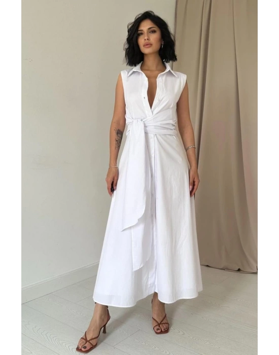 Beyaz Gömlek Yaka Bağlamalı Elbise