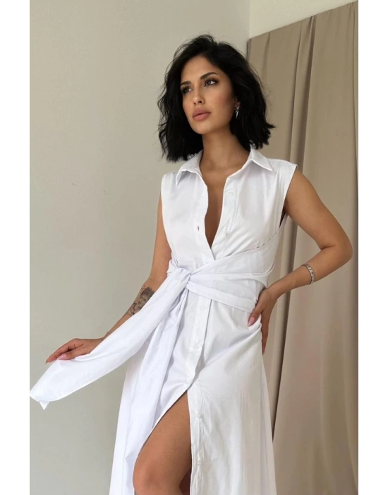 Beyaz Gömlek Yaka Bağlamalı Elbise