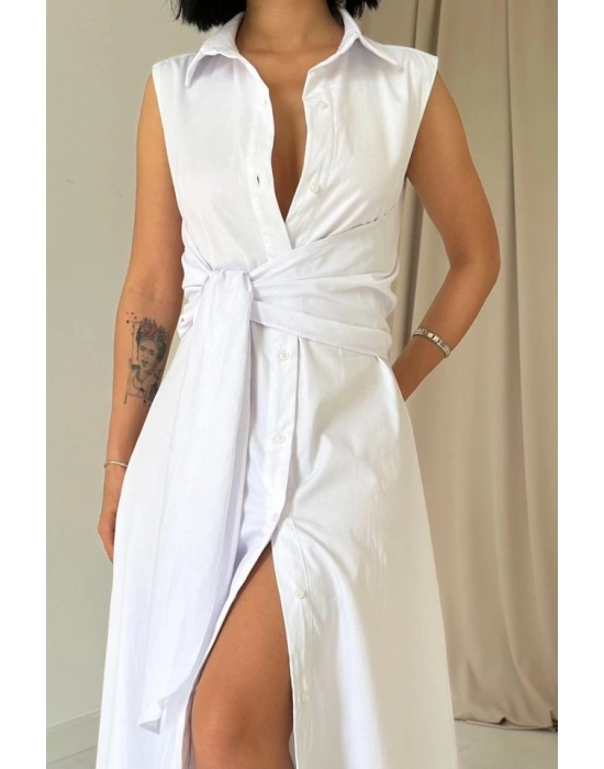 Beyaz Gömlek Yaka Bağlamalı Elbise