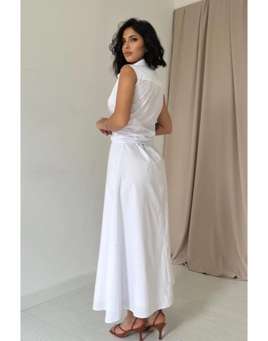 Beyaz Gömlek Yaka Bağlamalı Elbise