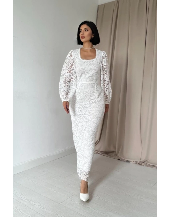 Beyaz Güpür Detaylı Dantel Elbise