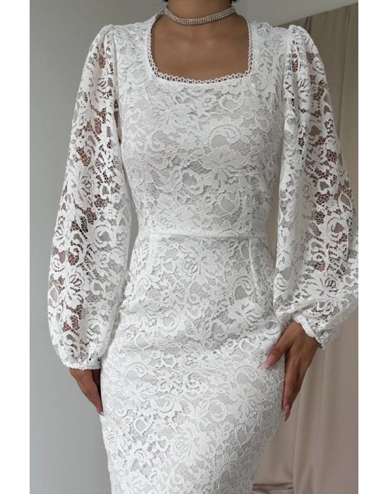 Beyaz Güpür Detaylı Dantel Elbise